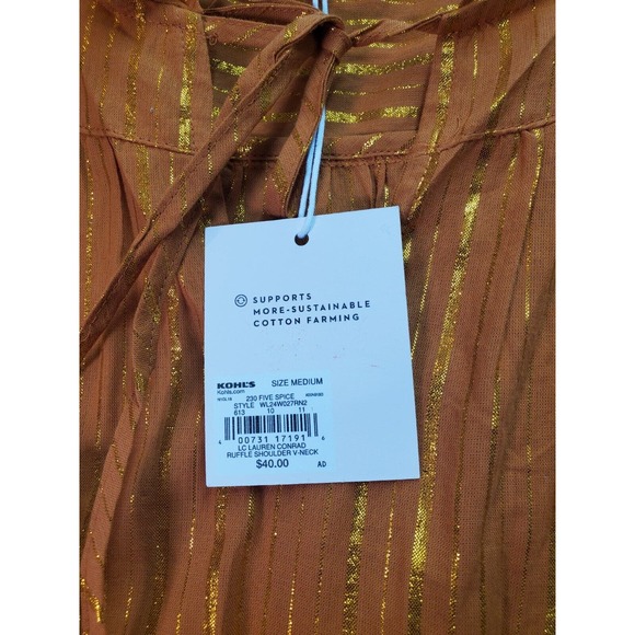 LC Lauren‎ Conrad Blouse Top Womens Medium Orange Gold Striped V Neck Drawstring - Picture 5 of 8